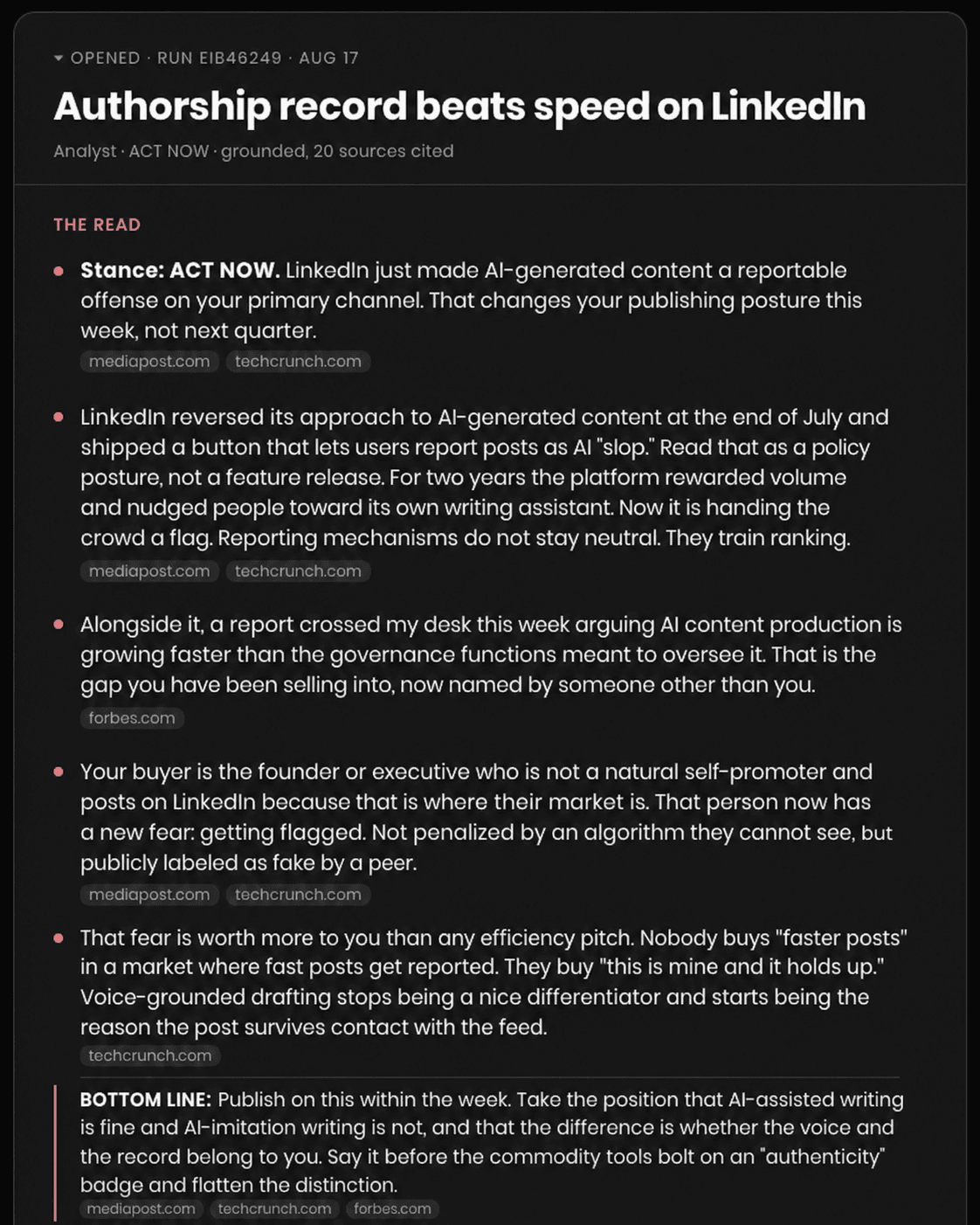 A playcard read section analyzing a LinkedIn policy change, with source citations on every claim